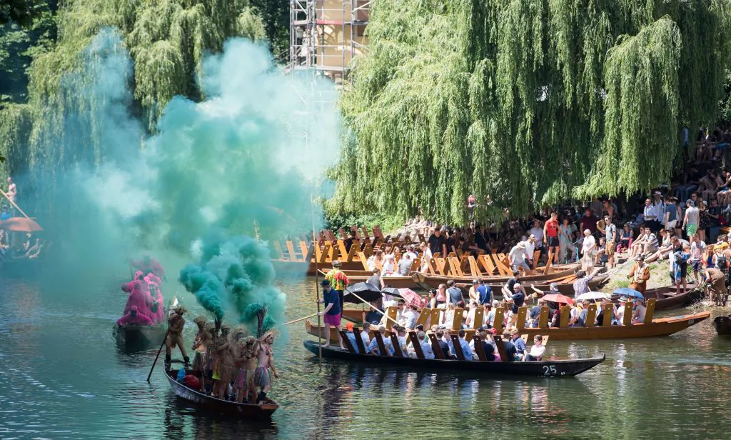 Competitors take part in the 63rd edition of the traditional punt race on the Neckar river in Tubingen on May 31, 2018. (SEBASTIAN GOLLNOW/AFP/Getty Images)