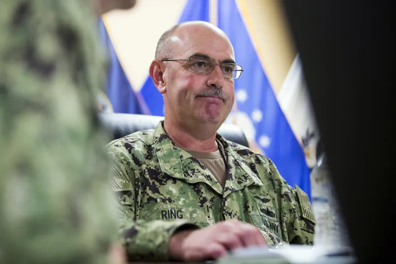 U.S. Navy Rear Adm. John Ring, Joint Task Force Guantanamo Commander, pauses while speaking during a roundtable discussion with the media, at Guantanamo Bay Naval Base, Cuba, on April 17, 2019. (Alex Brandon/AP Photo)