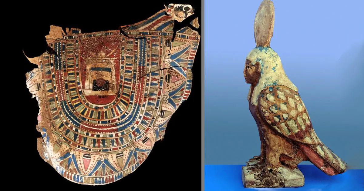 A painted and gilded cartonnage (L) and a Ba bird, which represents the soul of a deceased individual. (Ministry of Antiquities-Arab Republic of Egypt)