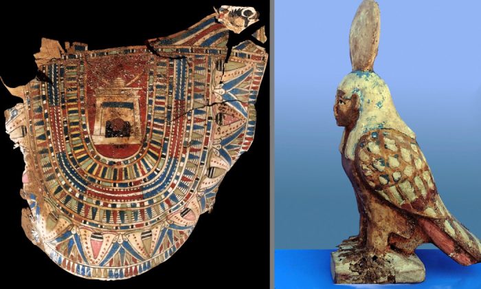 A painted and gilded cartonnage (L) and a Ba bird, which represents the soul of a deceased individual. (Ministry of Antiquities-Arab Republic of Egypt)