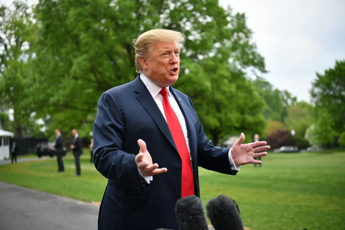 President Donald Trump speaks to reporters before boarding Marine One from the South Lawn of the White House in Washington on April 26, 2019. (Mandel Ngan/AFP/Getty Images)