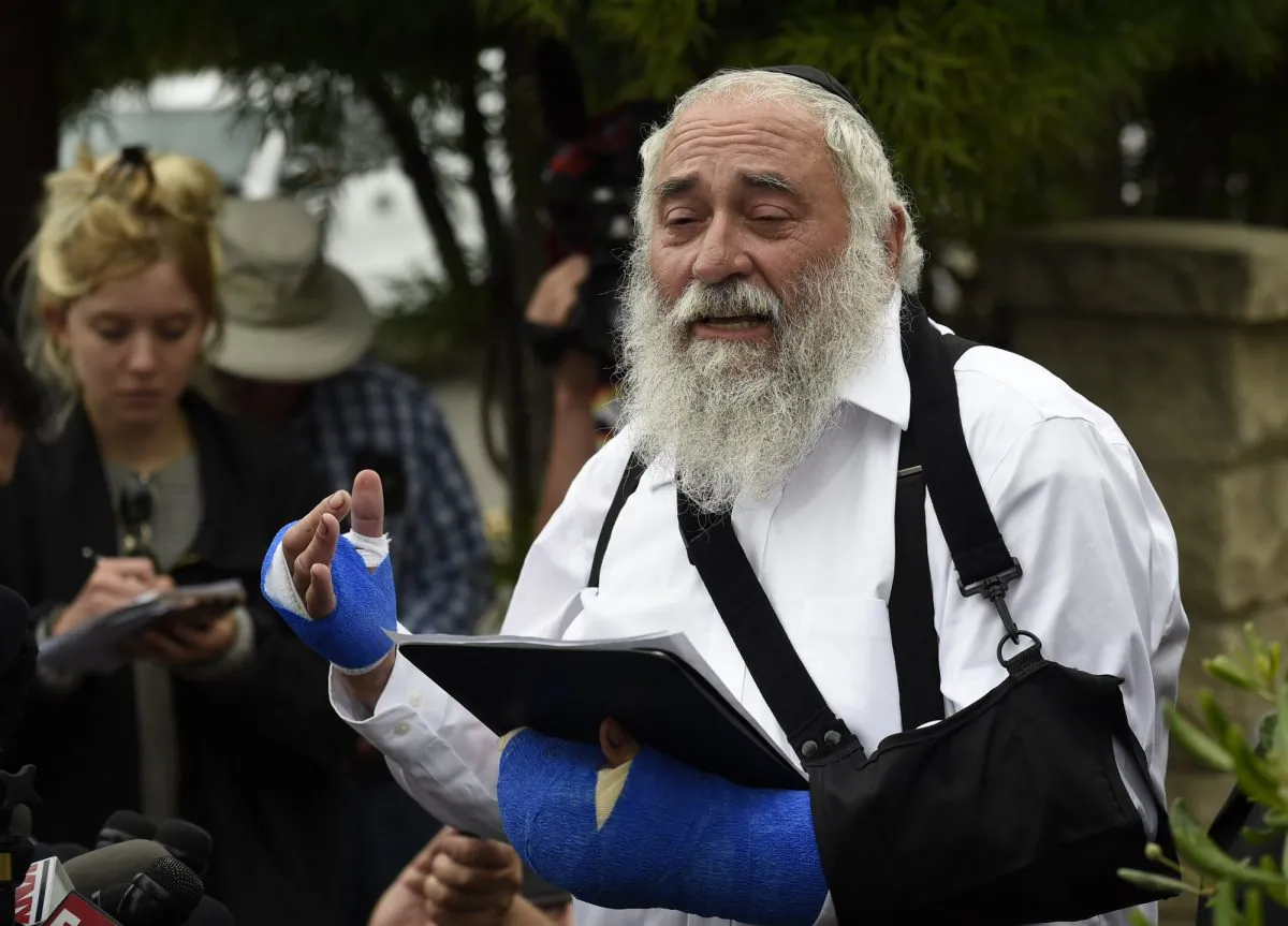 Rabbi Yisroel Goldstein speaks at a news conference at the Chabad of Poway synagogue in Poway, Calif., on April 28, 2019. (Denis Poroy/AP Photo)