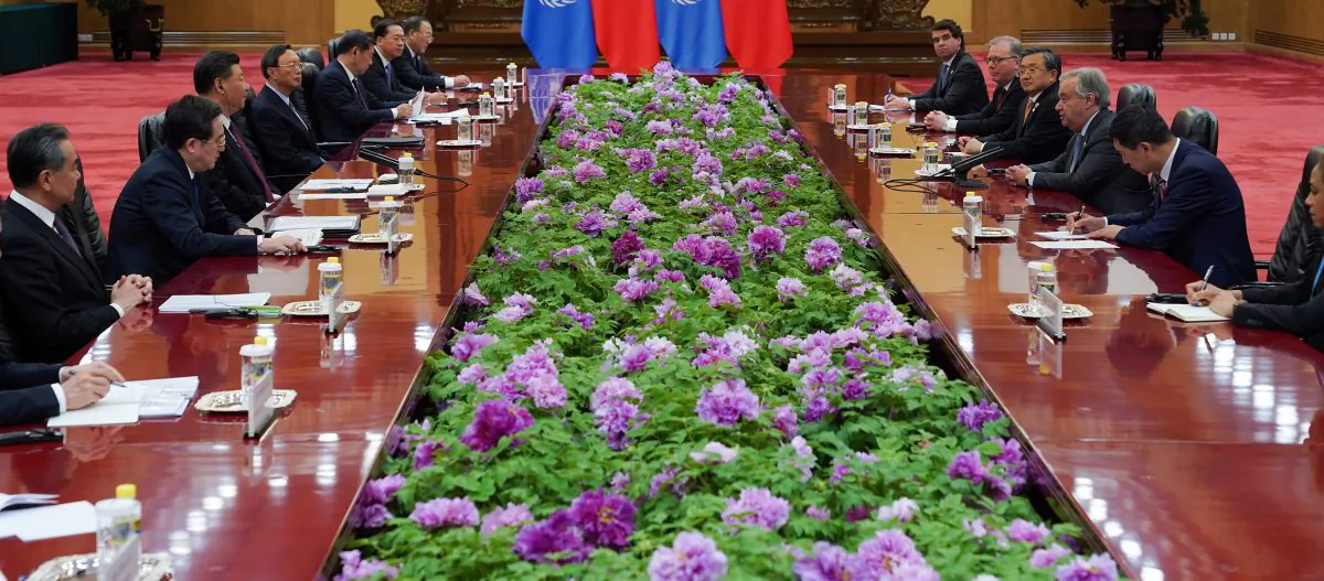 Chinese leader Xi Jinping meets United Nations Secretary-General Antonio Guterres during the Second Belt and Road Forum at the Great Hall of the People in Beijing on April 26, 2019. (Andrea Verdelli/Pool via Reuters)