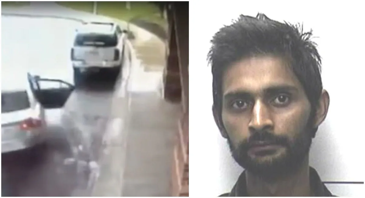 Dalvir Singh (R) in a booking photograph after being arrested on suspicion of kidnapping two children at the Atrium Medical Center in Midddletown, Ohio, in a moment caught on CCTV on April 25, 2019. (L) (Middletown Police)