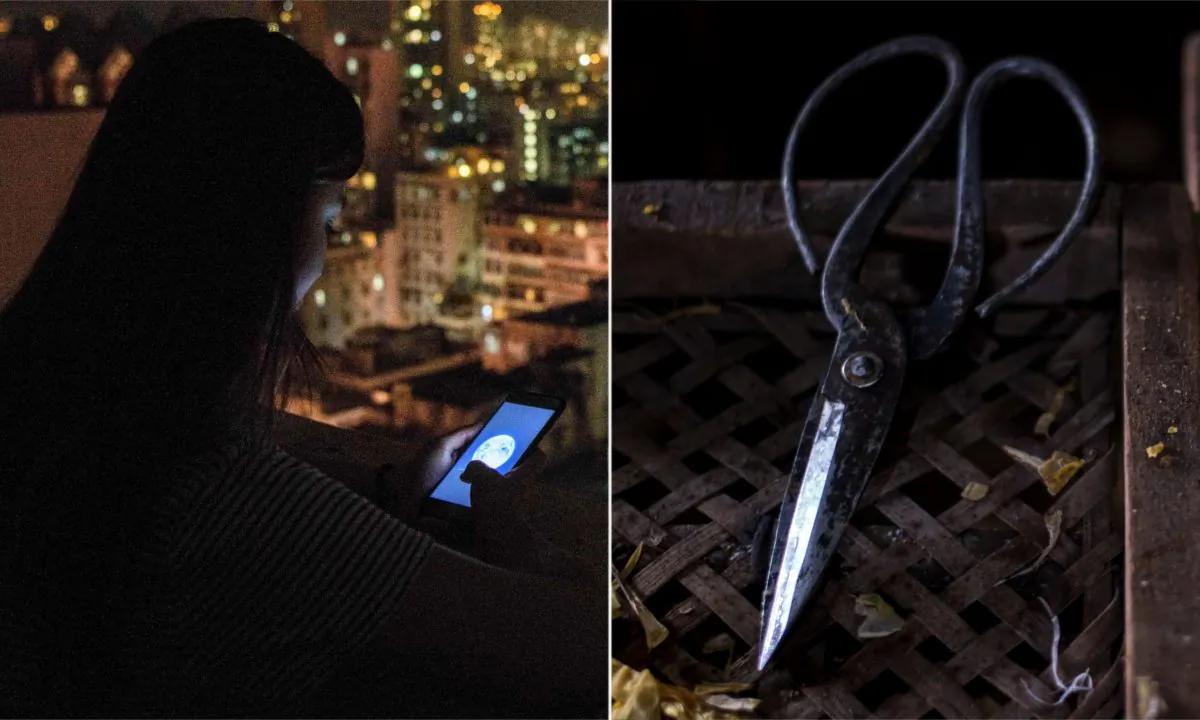 (L) A woman using Chinese chat app WeChat. (Anthony Wallace/AFP/Getty Images) | (R) A common pair of scissors in China. (Johannes Eisele/AFP/Getty Images)