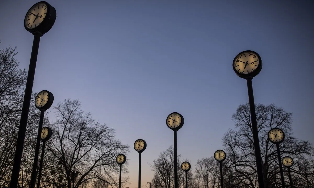 The "Zeitfeld" (Time Field) clock installation by Klaus Rinke is seen at the entrance of the Suedpark, on March 29, in Dusseldorf Germany.  Maja Hitij/Getty Images