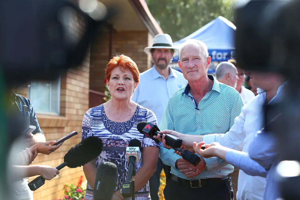 One Nation Senator Pauline Hanson and then-Queensland party leader Steve Dickson address the media during a barbeque in Buderim to meet local supporters in the Sunshine Coast, Australia, on Sept. 21, 2017. (Lisa Maree Williams/Getty Images)