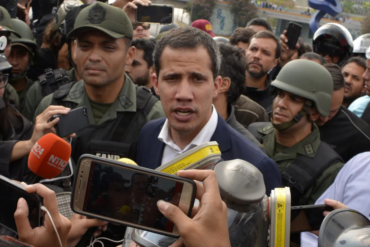 Juan Guaidó, recognized by Washington and 50 other nations as Venezuela's legitimate leader, talks to media outside the airforce base La Carlota on April 30, 2019 in Caracas, Venezuela. (Rafael Briceno/Getty Images)
