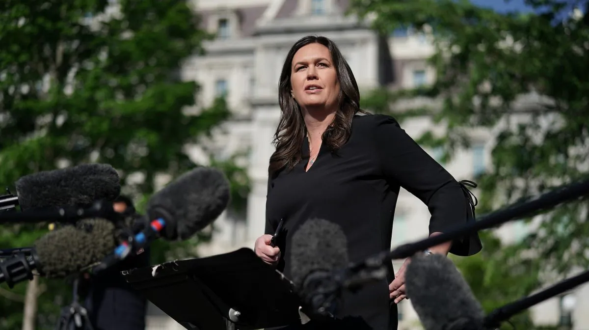 White House press secretary Sarah Huckabee Sanders talks to reporters after being interviewed on FOX News outside the White House April 29, 2019. (Chip Somodevilla/Getty Images)