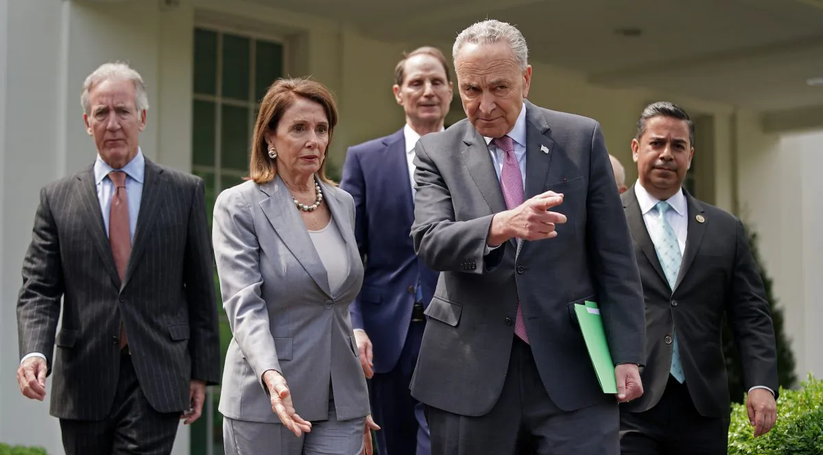 Congressional Democrats, including (L-R) House Ways and Means Committee Chairman Richard Neal (D-MA), Speaker of the House Nancy Pelosi (D-CA), Senate Finance Committee ranking member Sen. Ron Wyden (D-OR), Senate Minority Leader Charles Schumer (D-NY) and Rep. Ben Ray Lujan (D-NM), walk out of the White House before talking with reporters following a meeting with President Donald Trump on April 30, 2019 in Washington. (Chip Somodevilla/Getty Images)