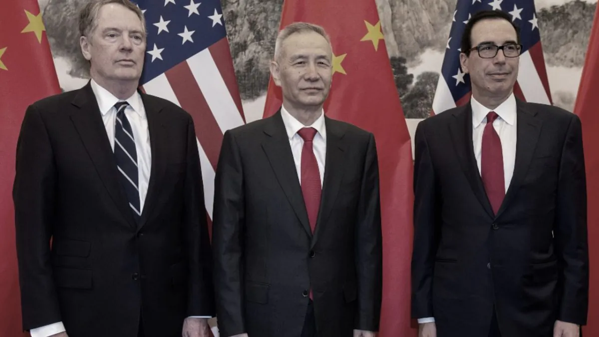 China's Vice Premier Liu He (C) pose for a photo with U.S. Treasury Secretary Steven Mnuchin (R) and U.S. Trade Representative Robert Lighthizer (L) at Diaoyutai State Guesthouse in Beijing on March 29, 2019. (Nicolas Asfouri/Pool via Reuters)