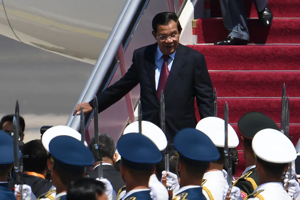 Cambodian leader Hun Sen arrives at Beijing airport to attend the Belt and Road Forum in Beijing on April 25, 2019. (Greg Baker-Pool/Getty Images)