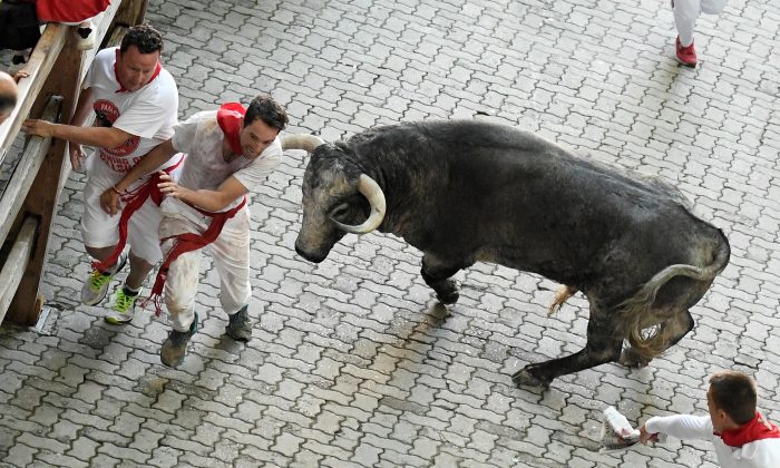 Participants run next to Cebada Gago fighting bull on the third day of the San Fermin bull run festival in Pamplona, northern Spain on July 9, 2018. Each day at 8am hundreds of people race with six bulls, charging along a winding, 848.6-metre (more than half a mile) course through narrow streets to the city's bull ring, where the animals are killed in a bullfight. (Jose Jordan/AFP/Getty Images)