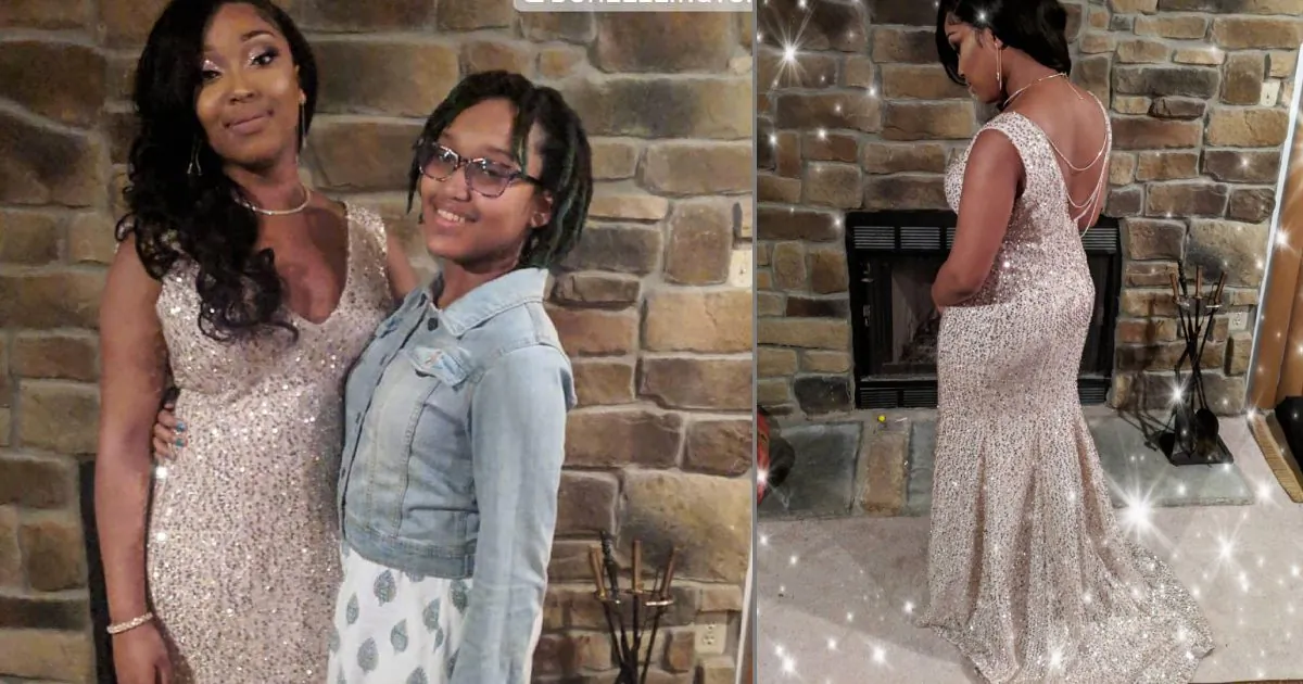Courtney Lewis, 14, and sister Mikayla wearing the prom dress Courtney made on April 2, 2019. (Crystal Lewis/Instagram)