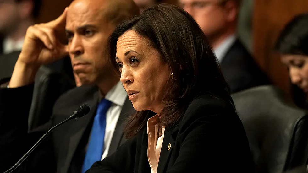 Sen. Kamala Harris (D-Calif.) questions US Attorney General William Barr as he testifies before the Senate Judiciary Committee on May 1. (Alex Wong/Getty Images)