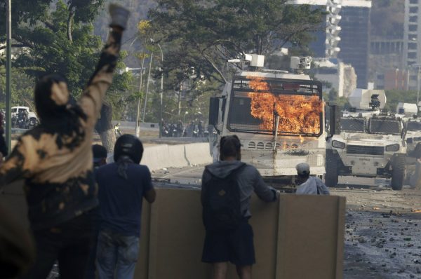 Flames erupts on a water cannon vehicle