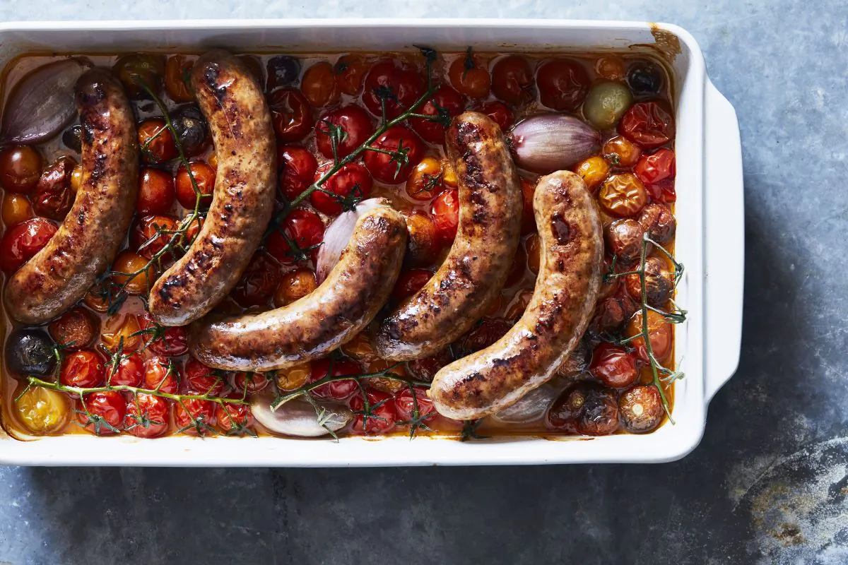 Seared Italian sausages with roasted cherry tomatoes, served straight out of the pan. (Linda Pugliese)