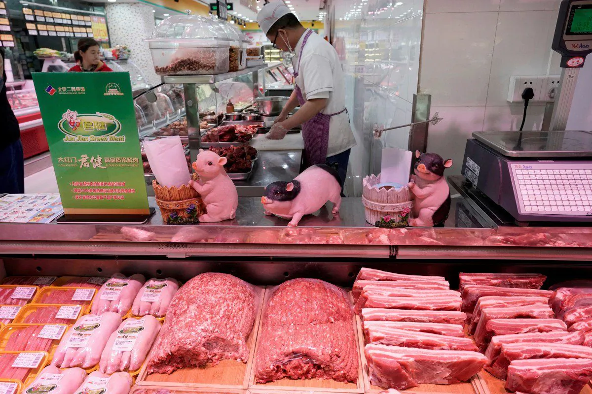 Pork on sales shelf at a supermarket in Beijing on April 11, 2019. (Reuters)