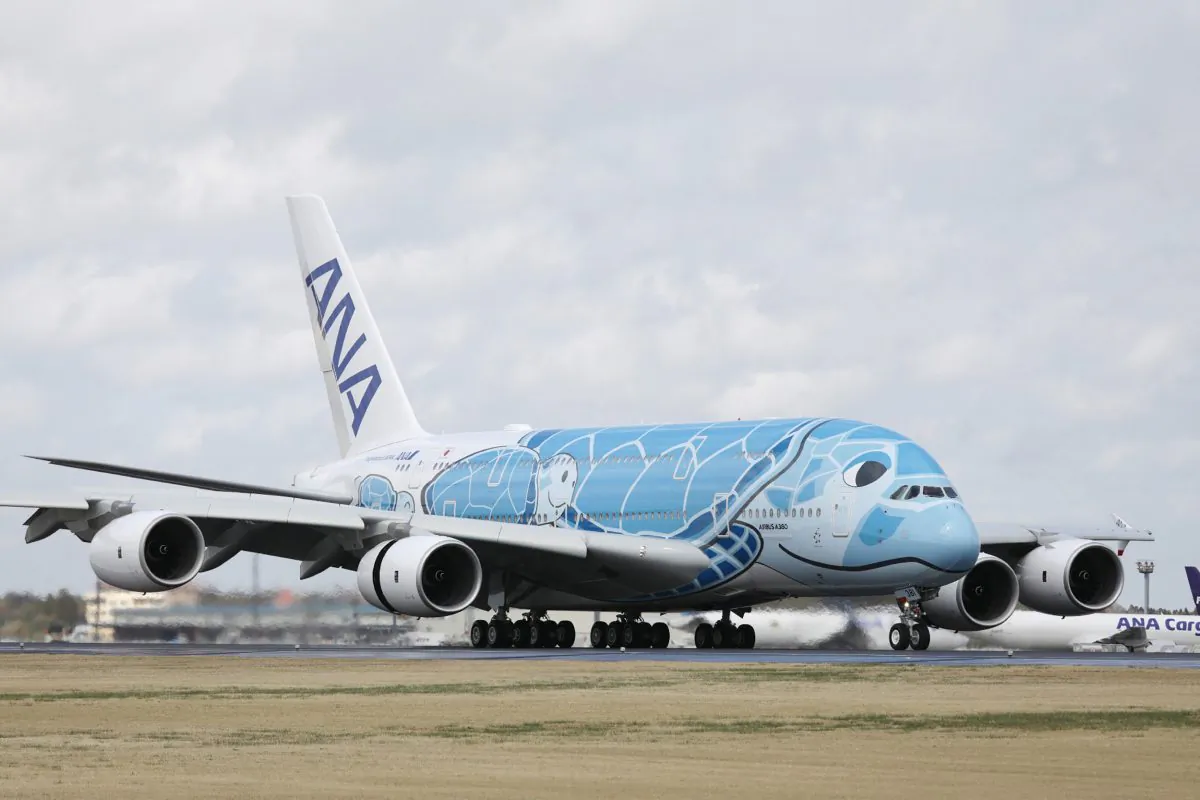 Japan's All Nippon Airways (ANA) Airbus A380 aircraft, called the "Flying HONU", taxies upon its arrival at Narita International airport on March 21, 2019. (JIJI Press/AFP/Getty Images)