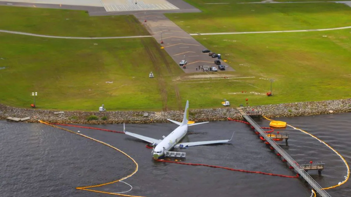 Aerial view of the Miami Air International Boeing 737-800 that overran the runway at NAS Jacksonville and came to rest in the St Johns River in Jacksonville, Fla., on May 4, 2019. (NTSB/Handout via Reuters)