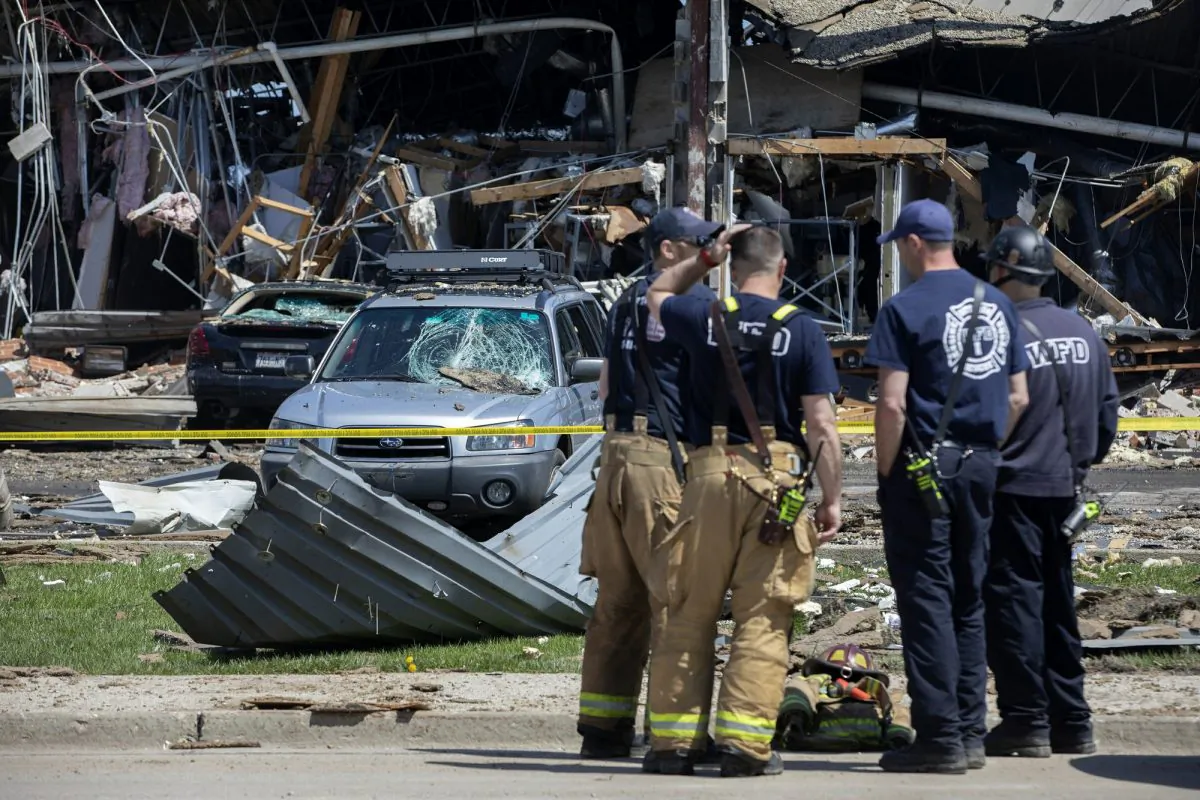 Debris can be seen as emergency personnel and others search and clear the scene of an explosion and fire at AB Specialty Silicones chemical plant in Waukegan, Ill., on May 4, 2019. (Erin Hooley/Chicago Tribune via AP)