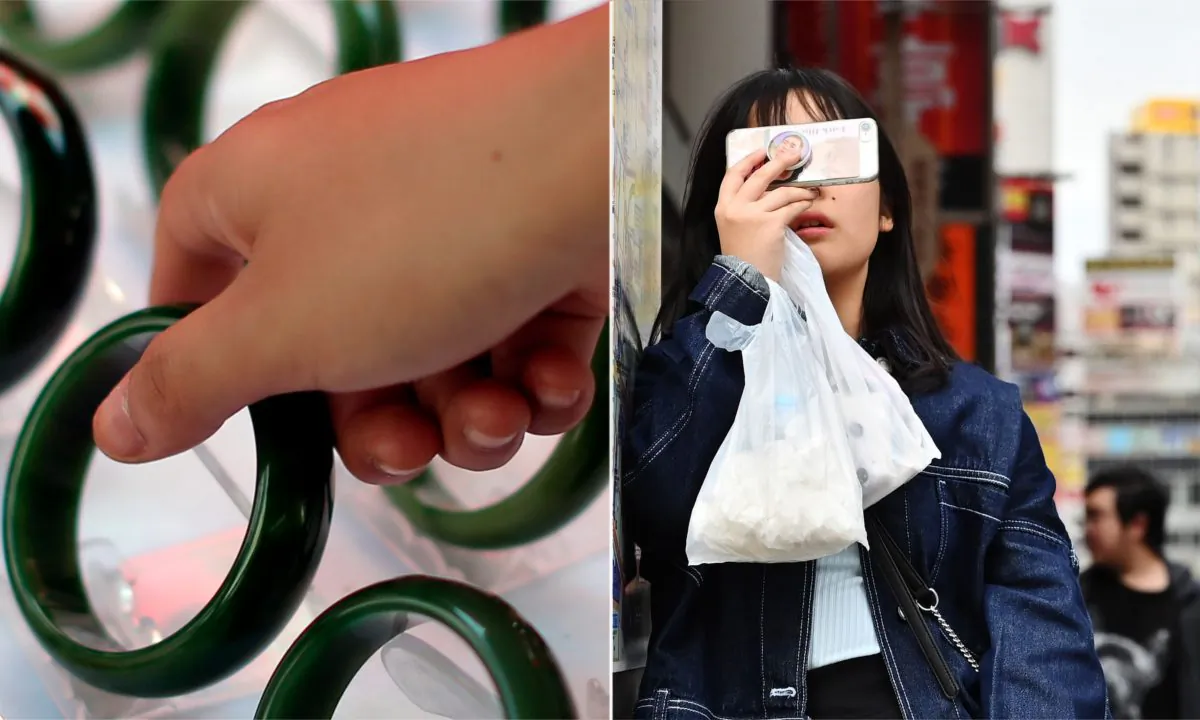 (L) Jade bracelets. (Lintao Zhang/Getty Images) | (R) Woman using a smartphone. (Charly Triballeau/AFP/Getty Images)