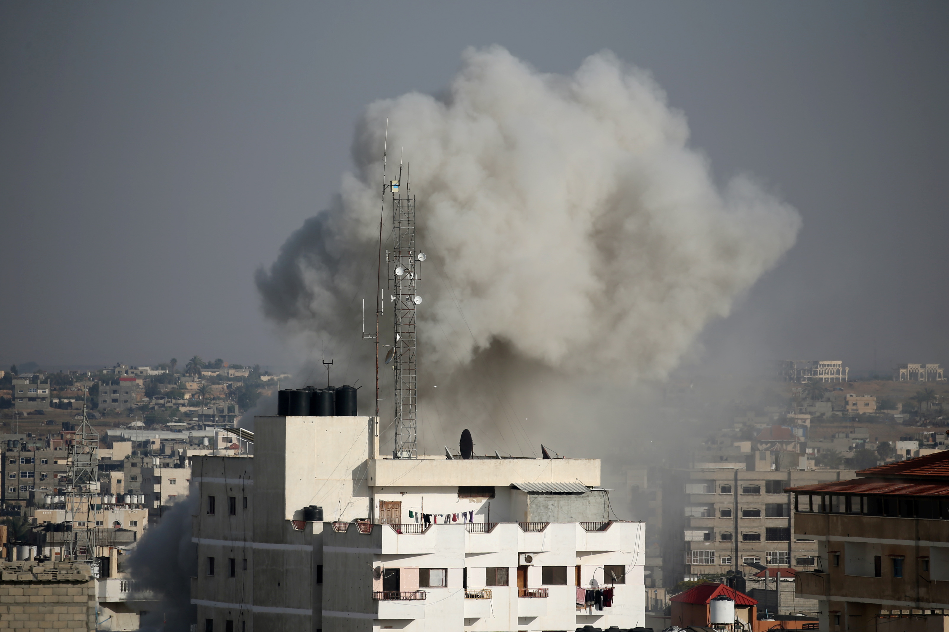 Smoke rises during an Israeli air strike in the southern Gaza Strip