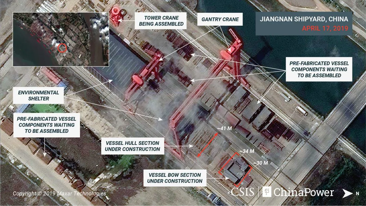 A satellite image shows what appears to be the construction of a third Chinese aircraft carrier at the Jiangnan Shipyard in Shanghai, China on April 17, 2019. (CSIS/ChinaPower/Maxar Technologies 2019/Handout via Reuters)