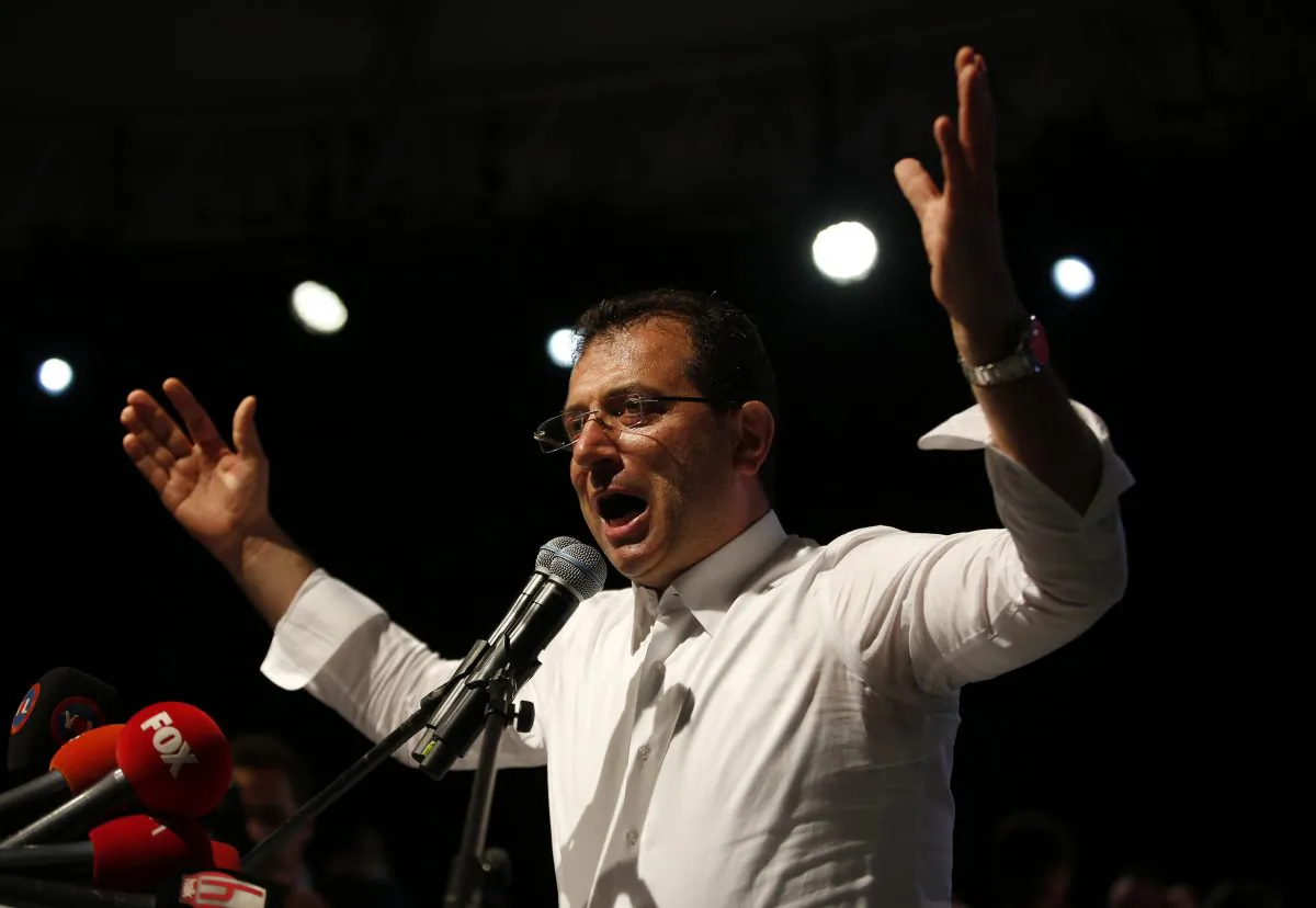 Ekrem Imamoglu, the opposition, Republican People's Party's (CHP) mayoral candidate in Istanbul, gestures during a rally in Istanbul, on May 6, 2019. (Lefteris Pitarakis/AP Photo)
