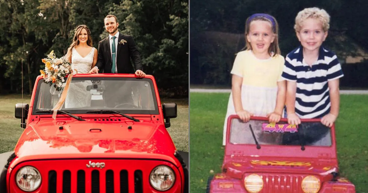 Newlyweds Natalie Crowe and Austin Tatman recreate a childhood memory at their wedding in New Smyrna Beach, Fla., on April 13, 2019 (L) and the same couple in a toy Jeep back in 1999 (R). (Austin Tatman/Facebook)