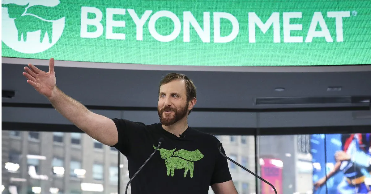 Beyond Meat CEO Ethan Brown speaks before ringing the opening bell at Nasdaq MarketSite in New York City on May 2, 2019. (Drew Angerer/Getty Images)