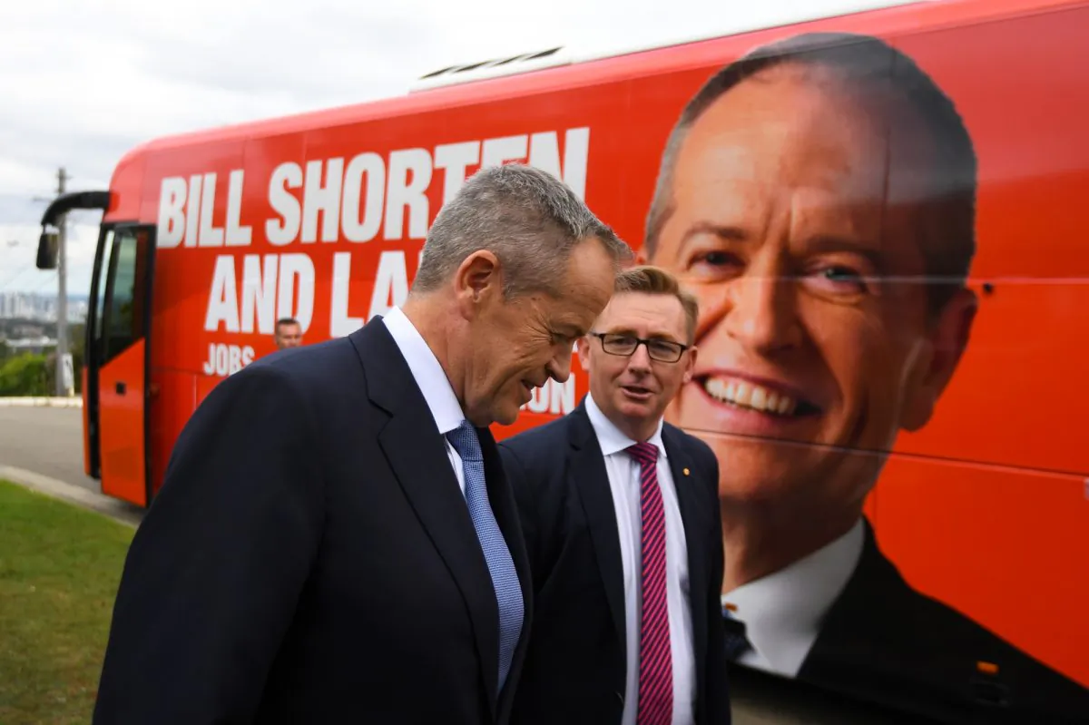 Australian Opposition Leader Bill Shorten (left) and local Labor candidate for the seat of Bennelong Brian Owler arrive for a visit to PRP Diagnostic Imaging at the Ryde Medical Centre in Sydney, on April 12, 2019. (AAP Image/Lukas Coch)
