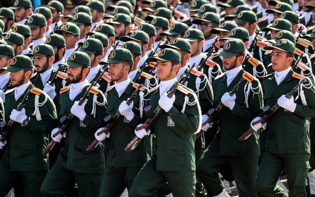 Members of Iran's Revolutionary Guards Corps (IRGC) march in a military parade in Tehran in this file photo. (Stringer/AFP/Getty Images)