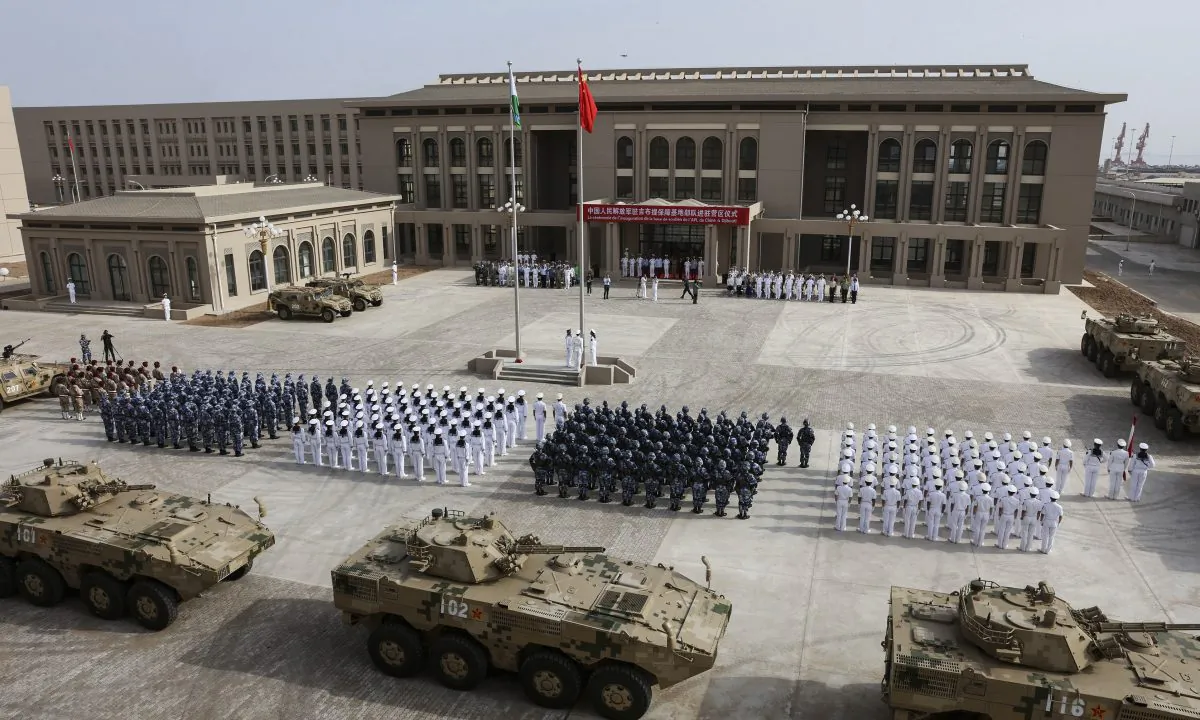 Chinese People's Liberation Army personnel attending the opening ceremony of China's new military base in Djibouti, China, on Aug. 1, 2017. (STR/AFP/Getty Images)