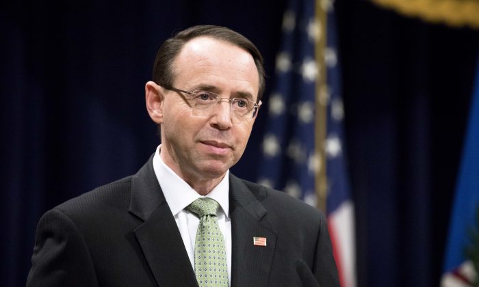Deputy Attorney General Rod Rosenstein at the Department of Justice Human Trafficking Summit in Washington on Feb. 2, 2018. (Samira Bouaou/The Epoch Times)