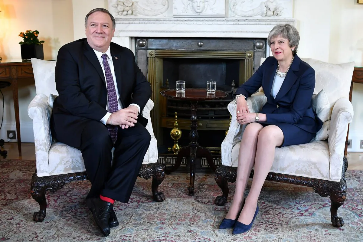 U.S. Secretary of State Mike Pompeo meets with Britain's Prime Minister Theresa May at 10 Downing Street in London, Britain on May 8, 2019. (Mandel Ngan/Pool via Reuters)
