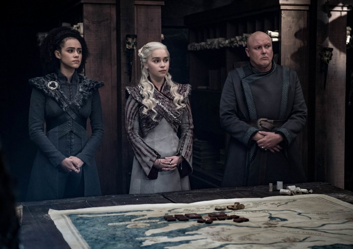 Nathalie Emmanuel, Emilia Clarke and Conleth Hill