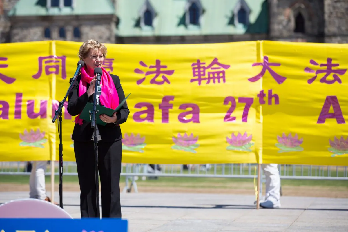 Judy Sgro, a Liberal MP and former cabinet minister, speaks at an event celebrating Falun Dafa Day on Parliament Hill, Ottawa, on May 8, 2019. (Evan Ning/The Epoch Times)