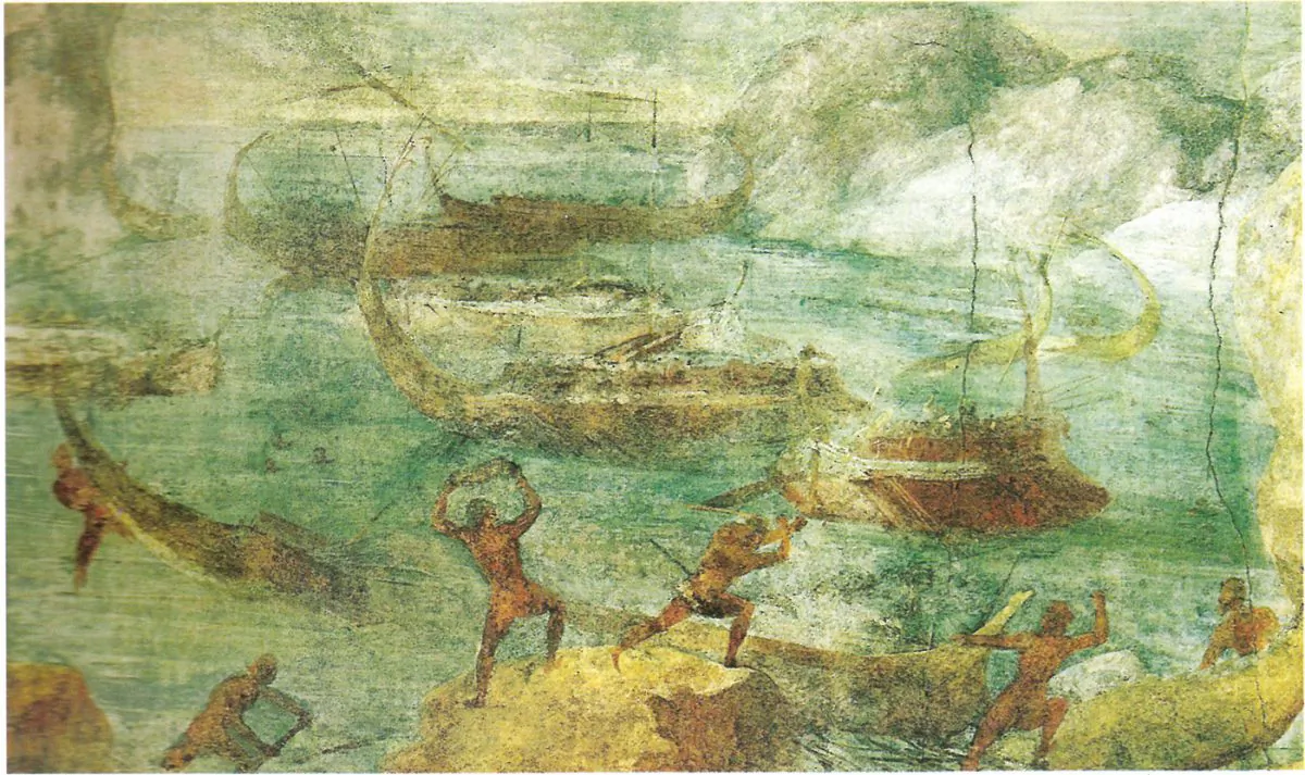Odysseus and his companions suffer from the man-eating giants, the Laestrygonians. Mural from the first century B.C. from Villa Esquillino in Rome. Vatican Library. (Public Domain)