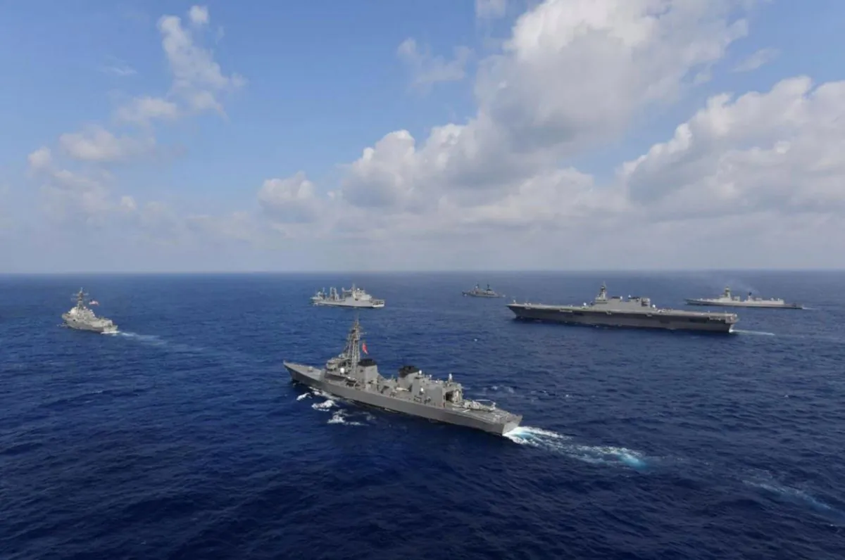 Vessels from the U.S. Navy, Indian Navy, Japan Maritime Self-Defense Force and the Philippine Navy sail in formation at sea on May 9, 2019. (Japan Maritime Self-Defense Force/Handout via Reuters)