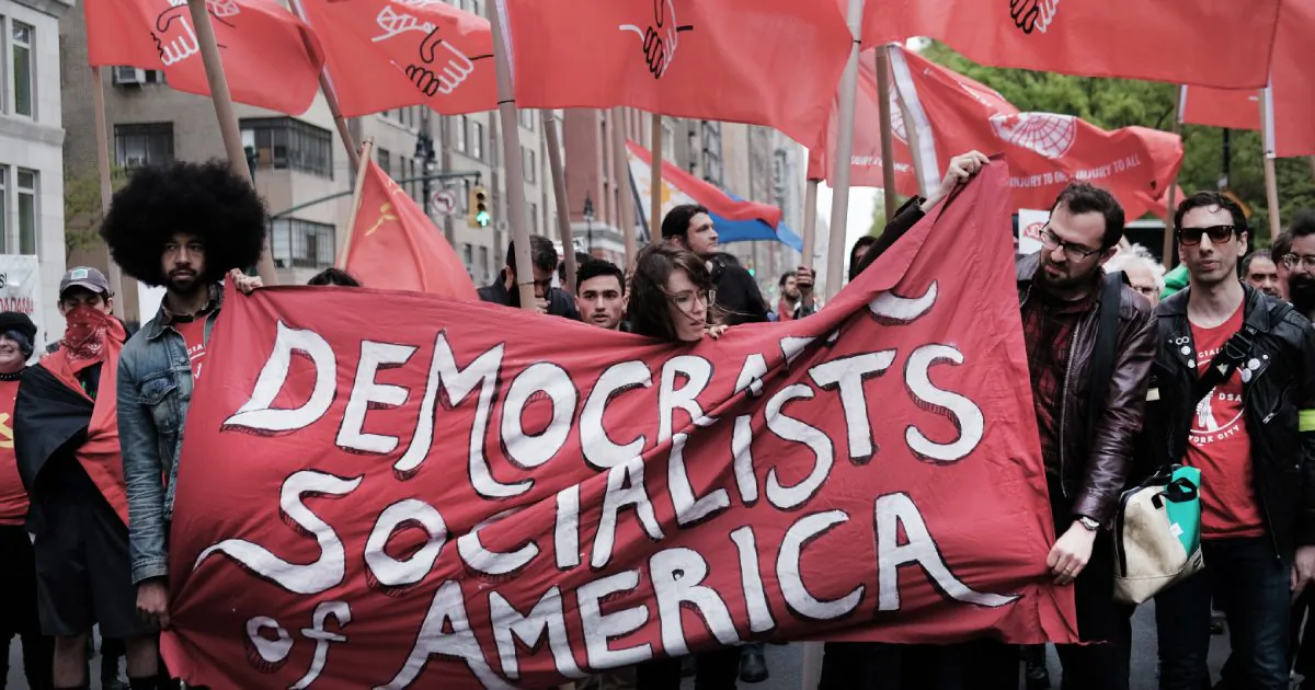 Members of the Democratic Socialists of America protest in New York City on May 1, 2019. (Spencer Platt/Getty Images)