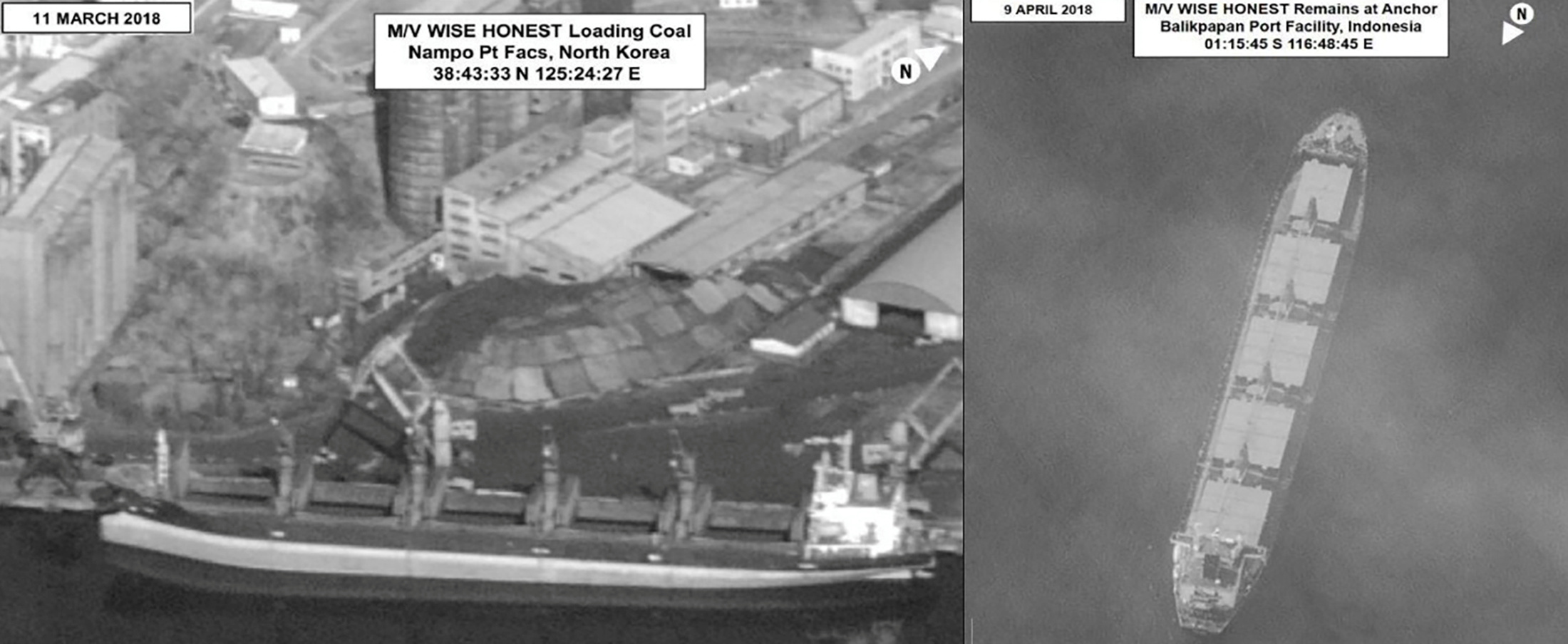 Surveillance images provided in a U.N. Security Council North Korea sanctions report show what is described as the North Korean vessel Wise Honest being loaded with coal and later in Indonesia