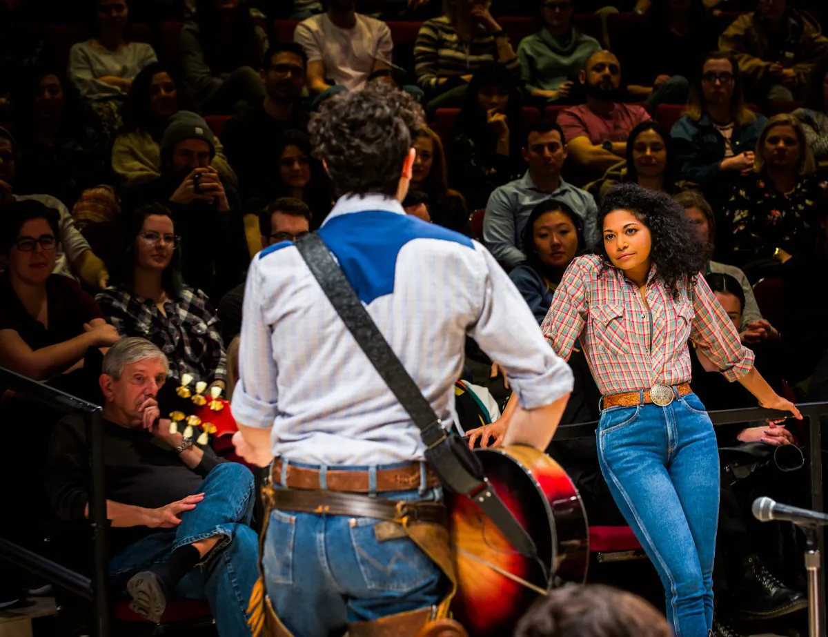 Curly (Damon Daunno) serenades an unimpressed Laurey (Rebecca Naomi Jones). (Little Fang Photo)