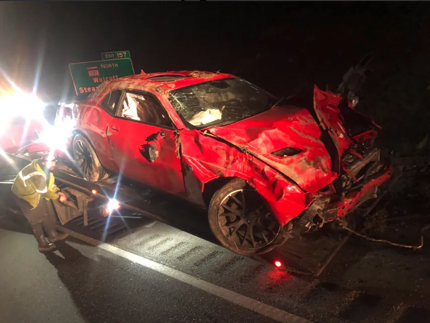 Dodge Challenger Hellcat muscle car that crashed following a high-speed chase on the I-70 in Colorado on May 8, 2019. (Colorado State Patrol)