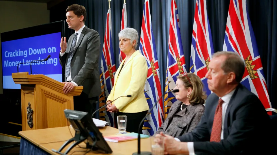 Minister of Finance Carole James and Attorney General David Eby speak during a press conference at Legislature in Victoria, B.C., on May 9, 2019. (The Canadian Press/Chad Hipolito)