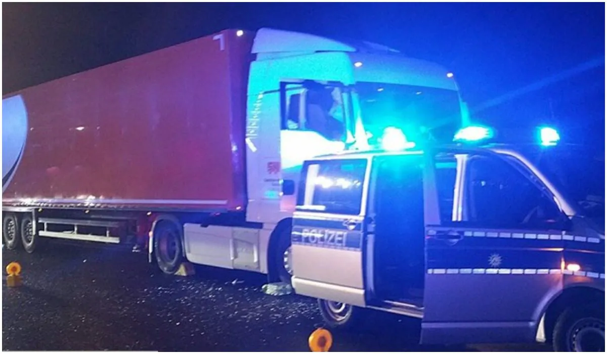 The truck brought under control by a member of the public after the driver died at the wheel on May 8, 2019. (Cologne Police)