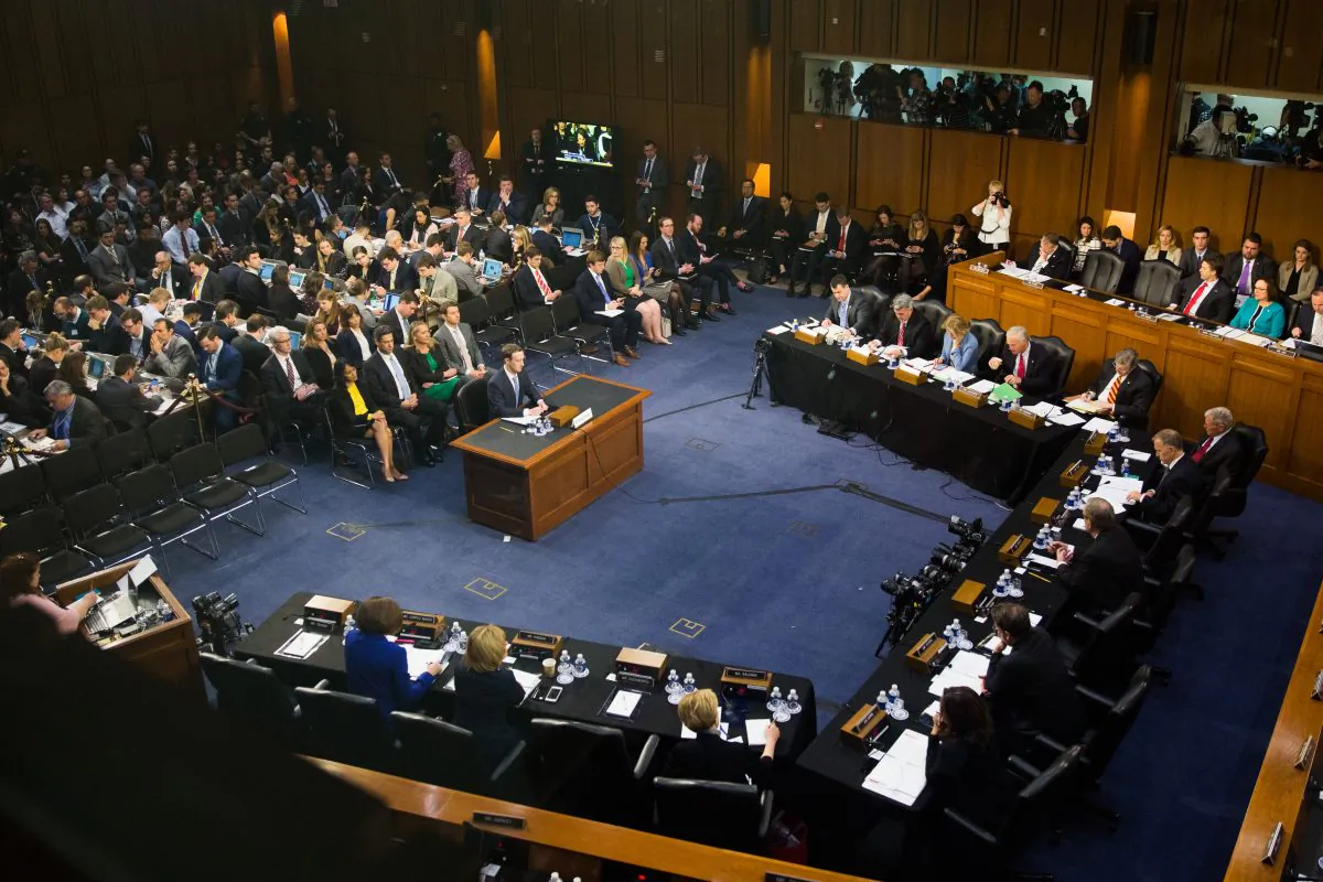 Facebook founder and CEO Mark Zuckerberg testifies at a Senate Judiciary and Commerce Committees Joint Hearing in Washington on April 10, 2018. (Samira Bouaou/The Epoch Times)