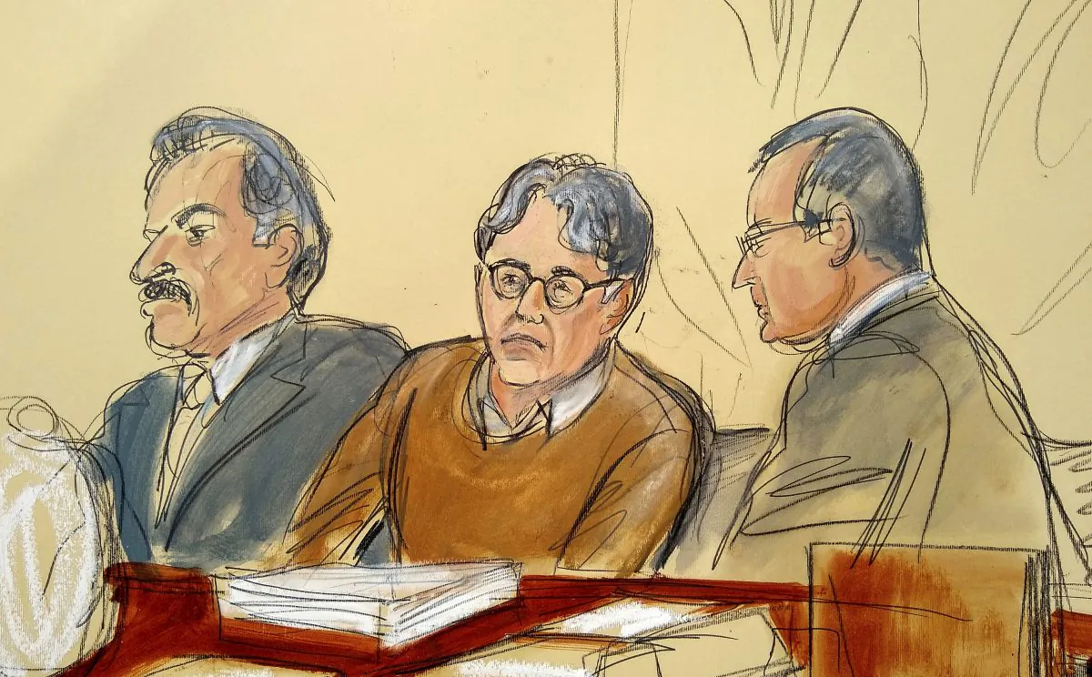 In this courtroom artist's sketch, Keith Raniere, second from right, leader of the secretive group NXIVM, attends his trial in Brooklyn federal court in New York on May 7, 2019. (Elizabeth Williams via AP)