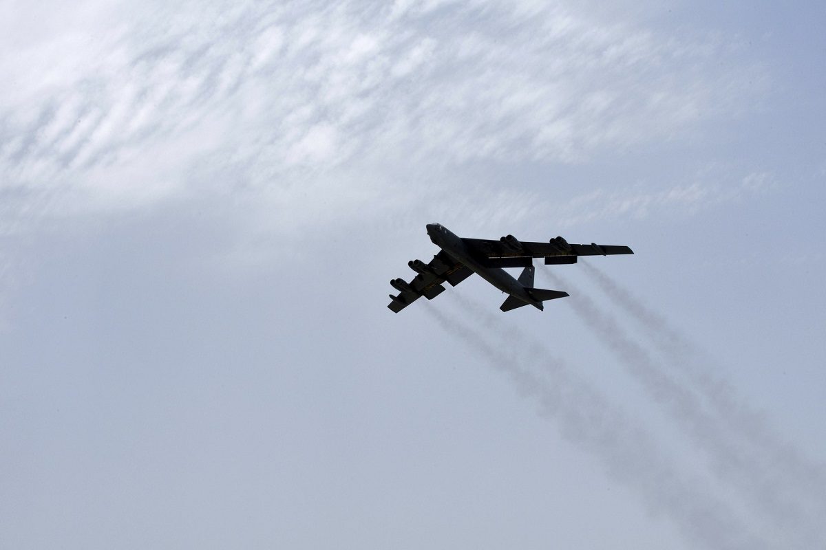 A U.S. Air Force B-52H Stratofortress aircraft assigned to the 20th Expeditionary Bomb Squadron takes off