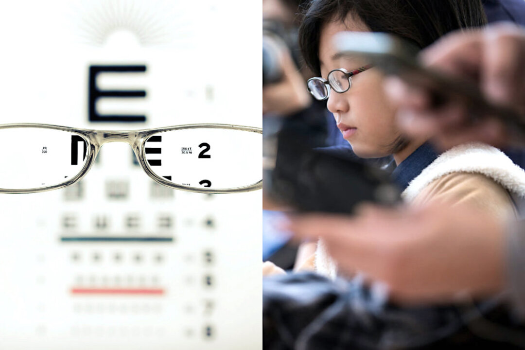 L: Snellen Eye Chart (David Travis/Unsplash). R: Child at a smartphone launch in Tokyo on Nov, 3, 2017. (Tomohiro Ohsumi/Getty Images)